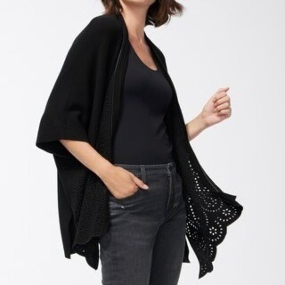 Chico's Sweaters - Chicos Womens Embroidered Eyelet Sweater Ruana Poncho Black size Small Medium